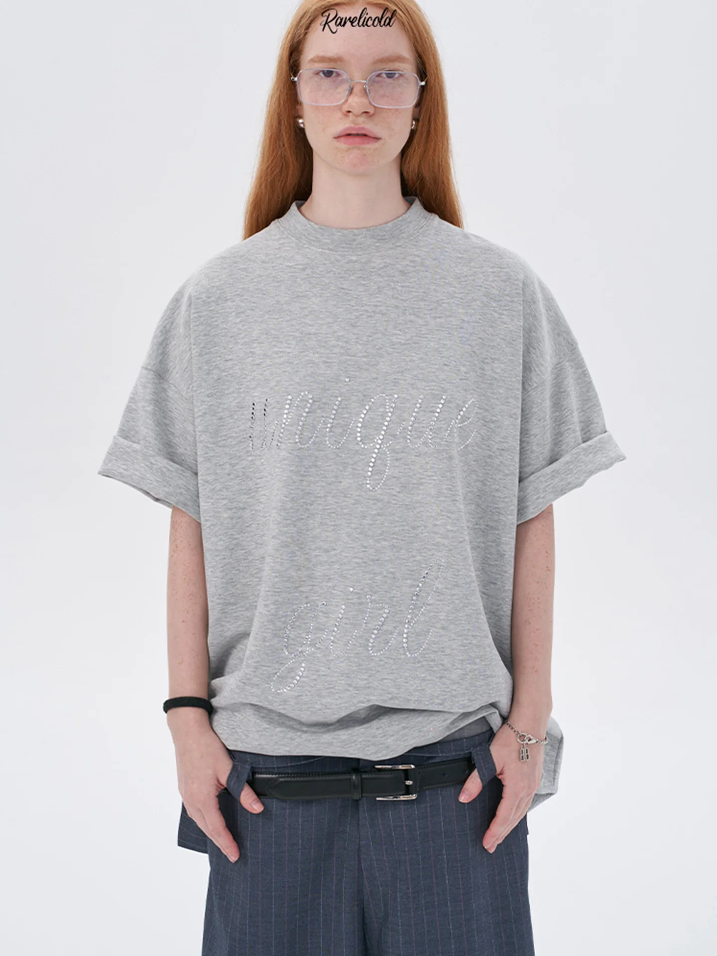 

Футболка Rarelicold с цветочным принтом и высоким воротником, украшенная стразами, из хлопка, летняя, влагоотводящая, для повседневной носки