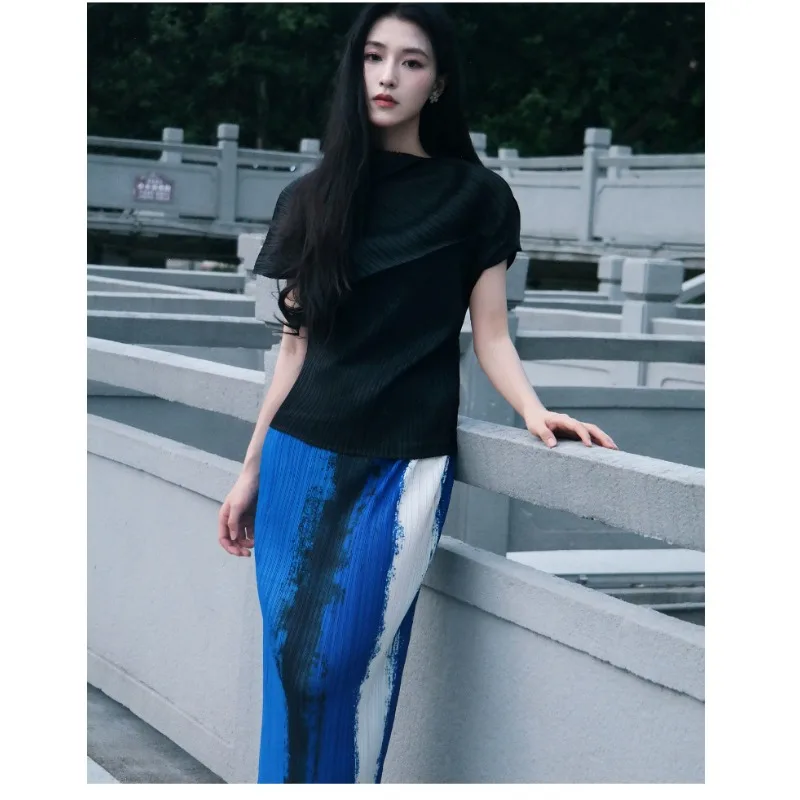

Miyake Pleated Skirt Set 2025 Fall Pleated Set Design Lapel Short Sleeve Irregular Top Halo Elastic Waist Half Skirt Women