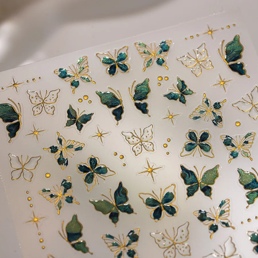 Gold Stamped Blue Green Glitter Butterfly 3D Jelly Self Adhesive Nail Art Stickers Polarized Illusion Manicure Decals Wholesale