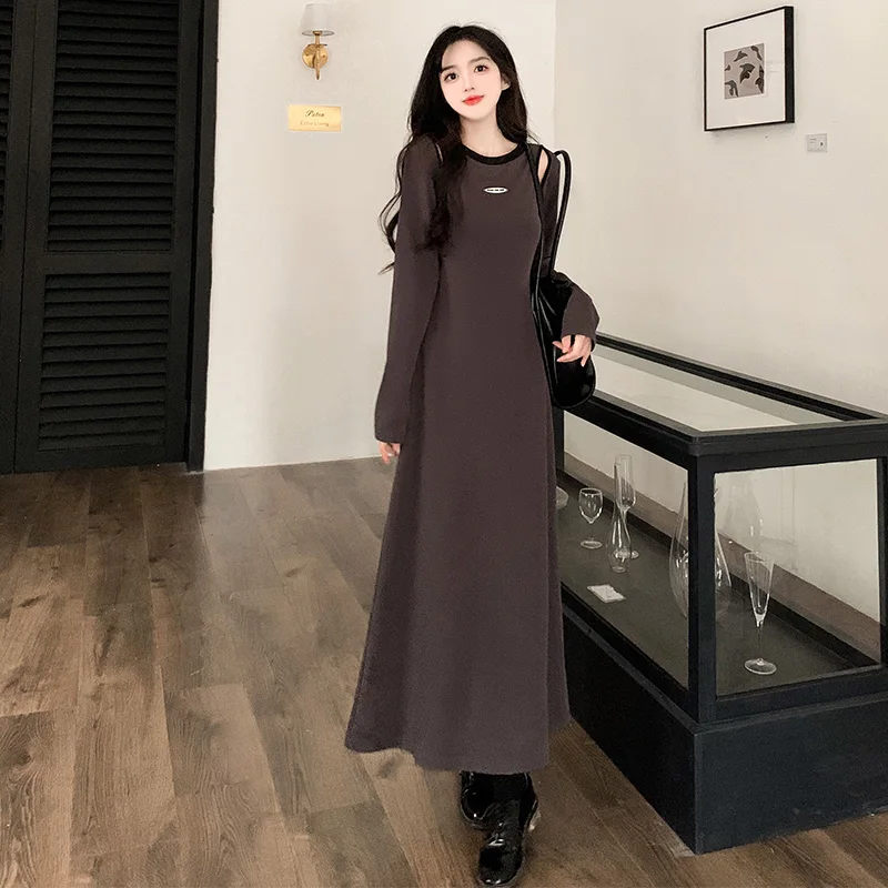 

Женское длинное Хлопковое платье, свободное серое ажурное платье-трапеция с круглым вырезом, большие размеры 4XL, Осень-зима 2024