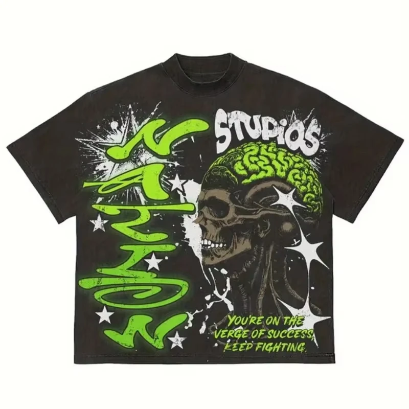 

2025 American Retro Hip Hop Y2K Neon Green and Black Street Style Skeleton Summer New Retro Fashion Men and Women Streetwear