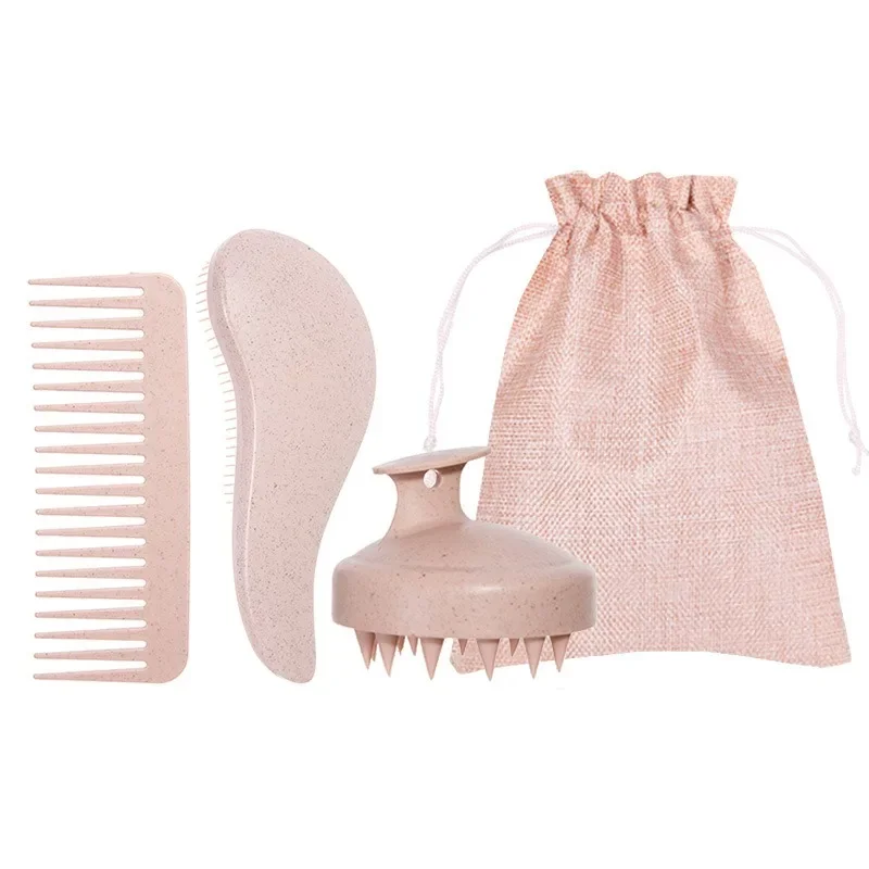Wheat Straw Hair Brush Set Soft Bristles & Portable Silicone Scalp Massage Brush with Colorful Gift Set - for Normal Hair Types