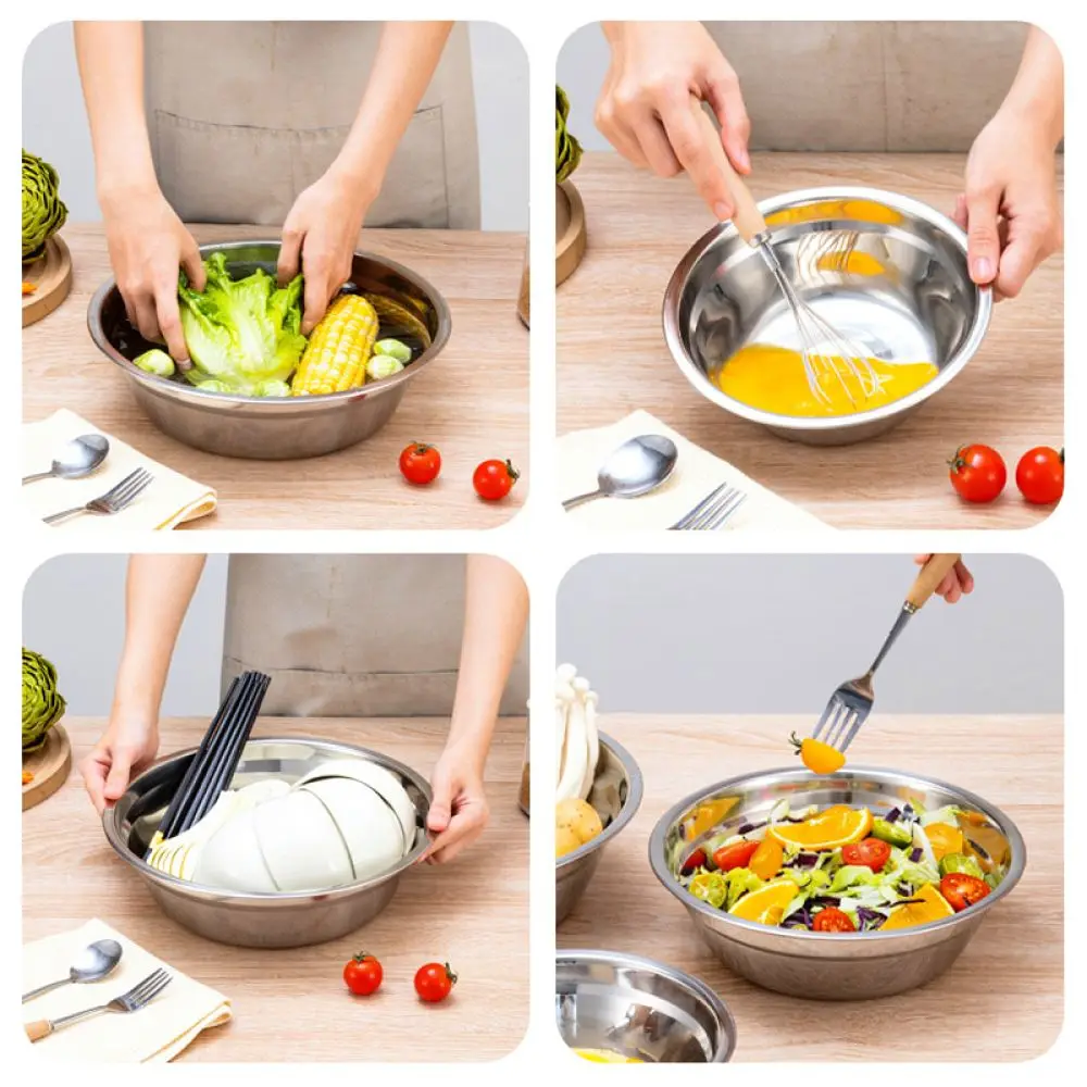 Stainless Steel Round Basin Kitchen Food Preparation Bowl For Yabei Mixing Beating Eggs Dining Hall Soup Serving Dish