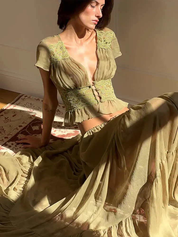 Elegant Lace Patchwork Women's Shirt Skirts Suit Short Sleeve V-Neck Crop Tops Long Skirts 2026 Summer Autumn Beach Holiday  New view 3
