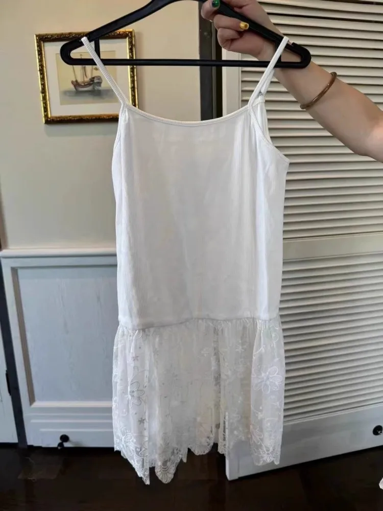 Moda coreana dulce encaje Patchwork Top 2025 novedad de verano camisola chaleco para Mujer Y2k Sexy Slim Fit negro Tops Mujer