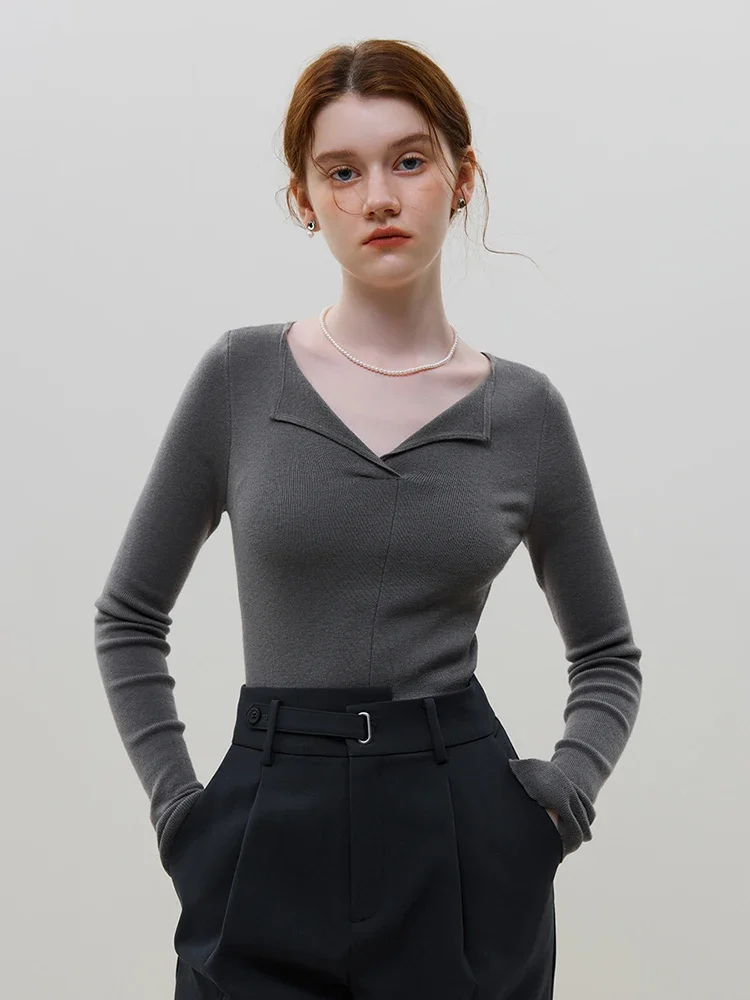 

FSLE 24.7% Wool Women Slim Pullover Sweaters Temperament V-Neck Soft Winter New Grey Full Length Sweater Women Wool Bottom Shirt