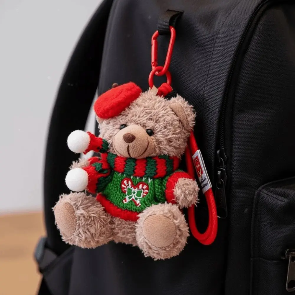 Red Beret Plush Bear Keychain Soft Plush Knitted Sweater Xmas Tree Bauble Durable Colorful Christmas Bear Pendant Children Gifts
