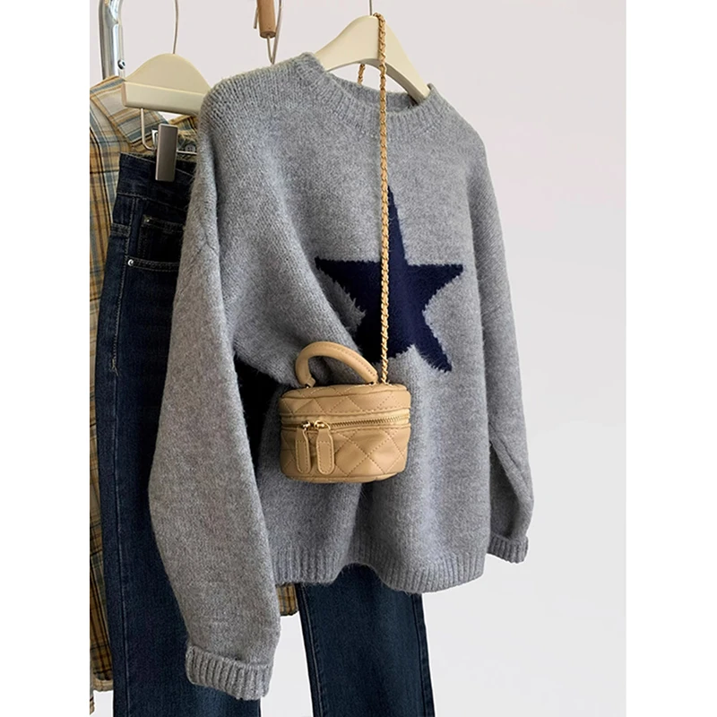 Knitted Women's Sweater Loose Casual O-neck Star Thick Casual Pullover Female Jumper Elegant 2024 Autumn Winter Trendy Sweater