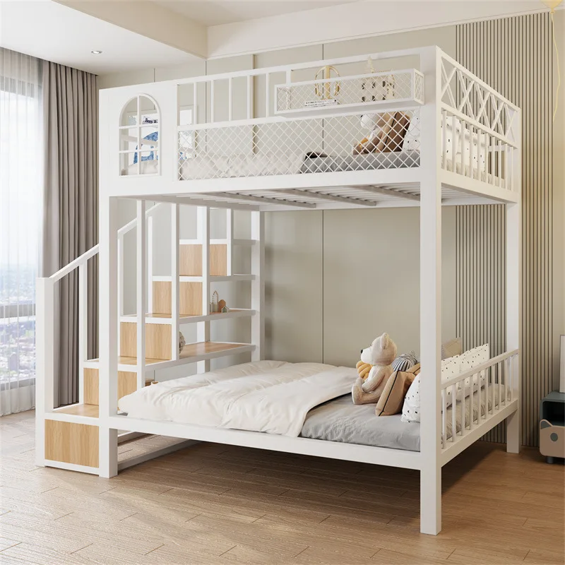 New Chinese wrought iron bed elevated bed simple high and low bed thickened small apartment children's duplex loft