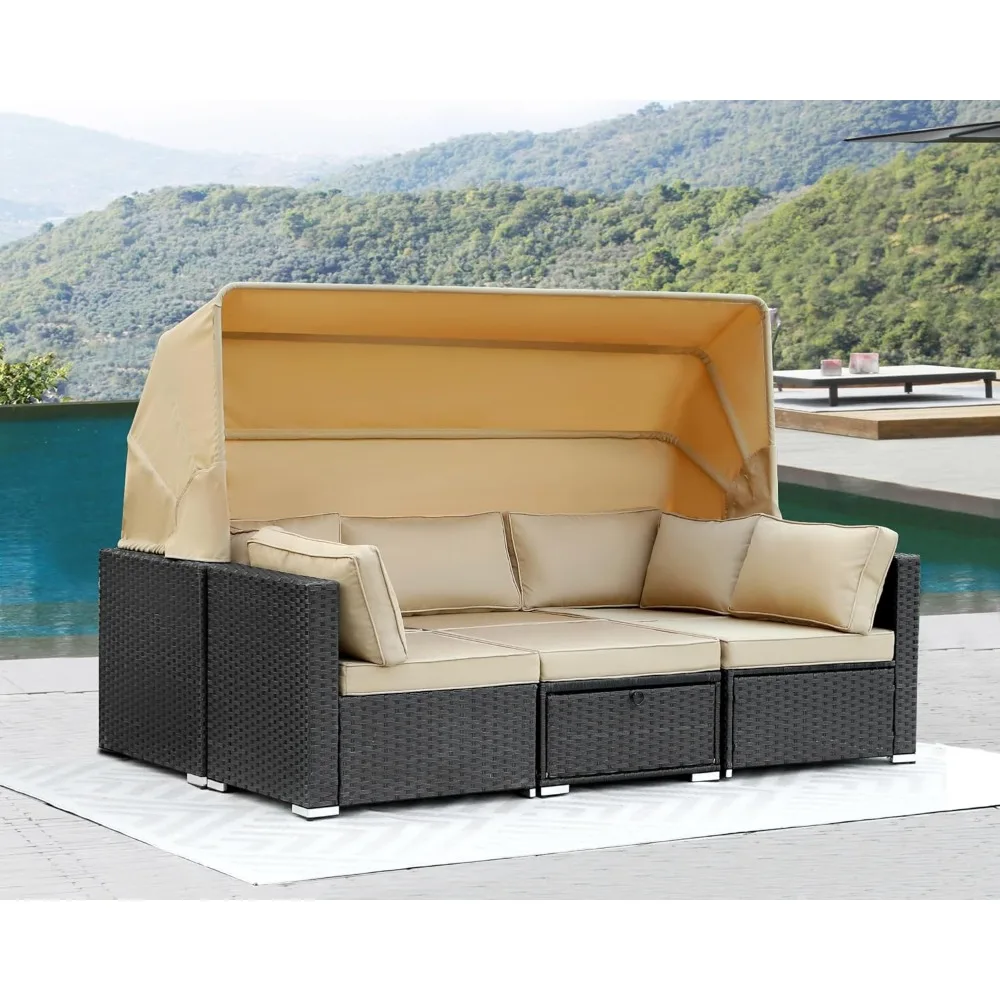 

Мебель из ротанга, кушетка с навесом, 6-компонентная уличная кровать, плетеный секционный диван, патио с регулируемой спинкой и подушками