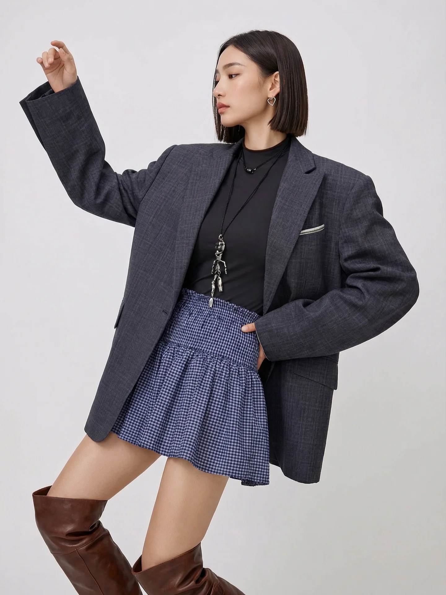 

Bloom World Plaid Wide oulder Design Casual Sle Women's Suit Jaet Loose Long Sve Cotton Coat with Knife Pleat Sves