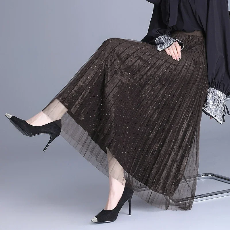 

Fashion Pleated Skirt Autumn Women's 2024 New High-waisted Mesh Skirt on Both Sides Drape Bright Spring Comfortable and Simple