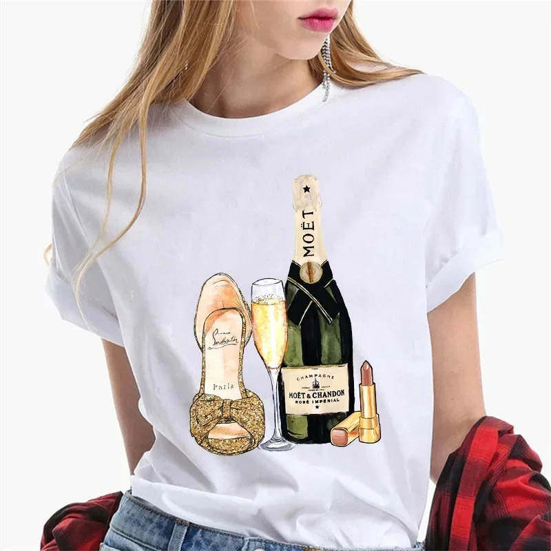 T-shirt da donna estiva moda bicchiere da vino magliette grafiche top maglietta a maniche corte da donna top da donna