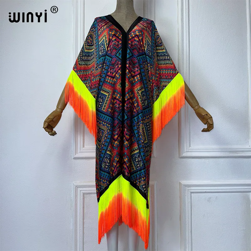 WINYI Fashion gradient tassel print loose dress beach Cover-up V-neck fashion kaftan sexy Holiday African wamen evening dress