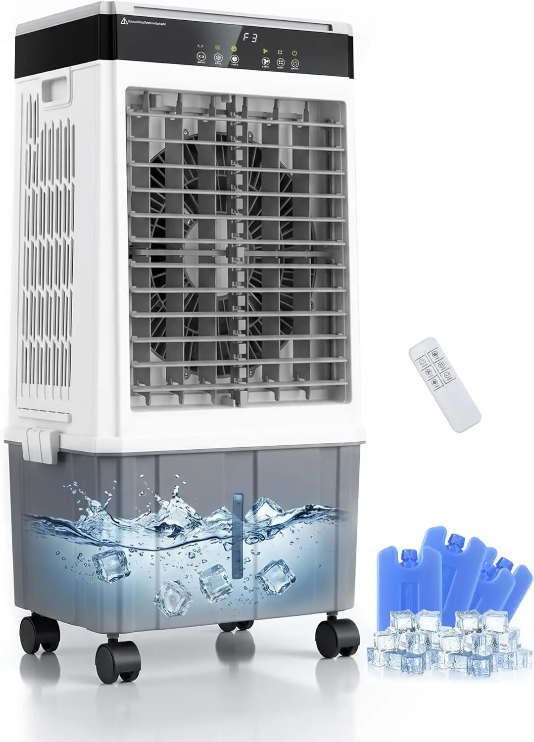

31" Evaporative Air Cooler, 3000CFM, 5.5Gal Tank, 4 Ice Packs, 120° Oscillation, 3 Speeds, Remote, 12H Timer, 3-in-1 for Outdoor/Office/Bedroom