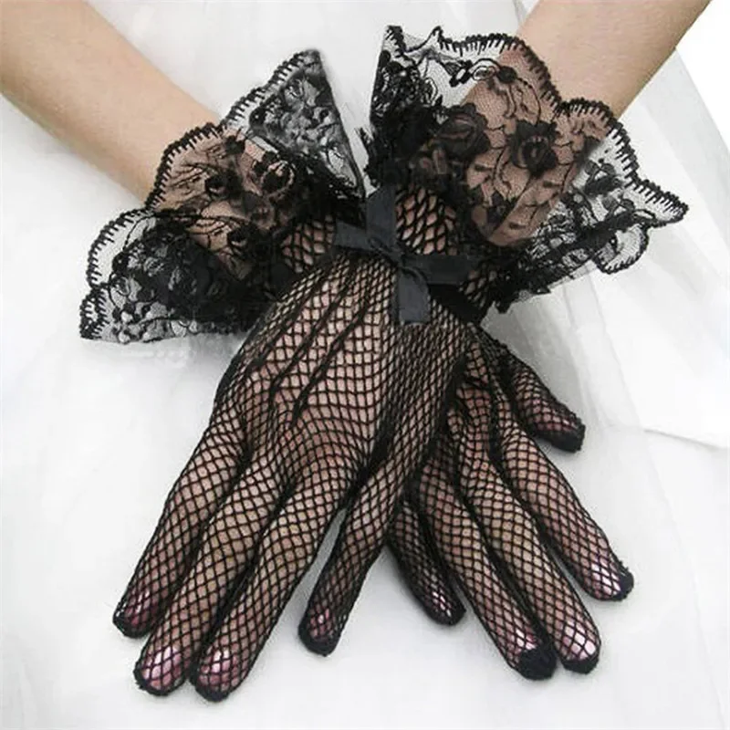 

White Ivory Formal Lady Banquet Party Wedding Bridal Wrist Length Short Gloves With Lace Edge