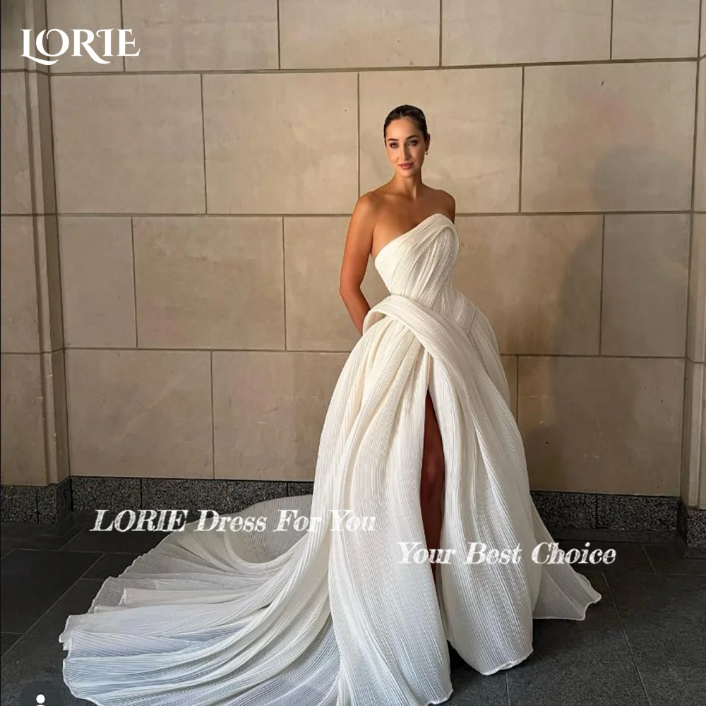 LORIE Tulle Pleats Wedding Dresses A-Line Strapless Slit Bridal Gown Sleeveless Crepe Customized Party Gown vestido de noiva
