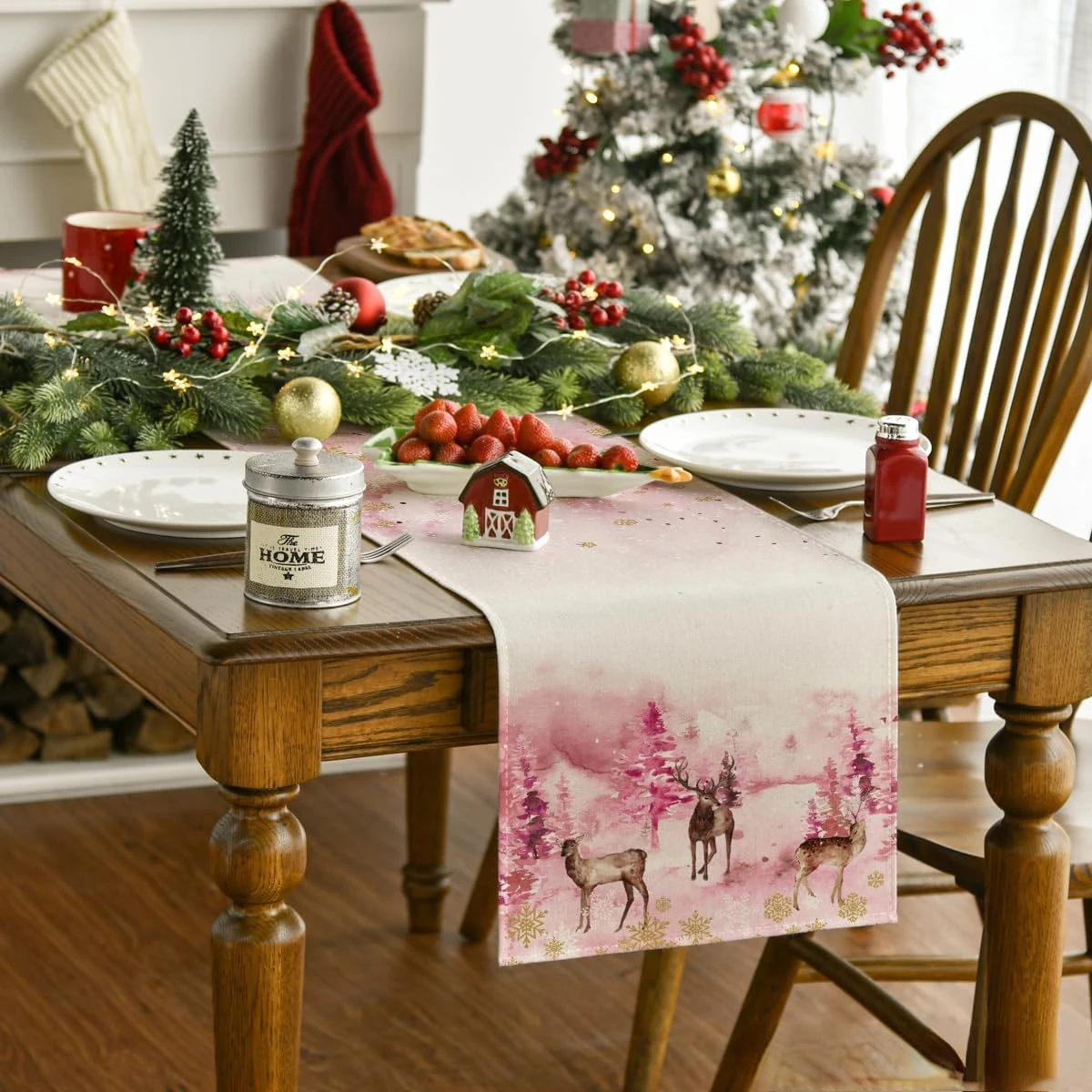 Watercolor Deer Trees Snowflakes Christmas Table Runner Winter Xmas Holiday Kitchen Dining Table Decoration Home Party Decor