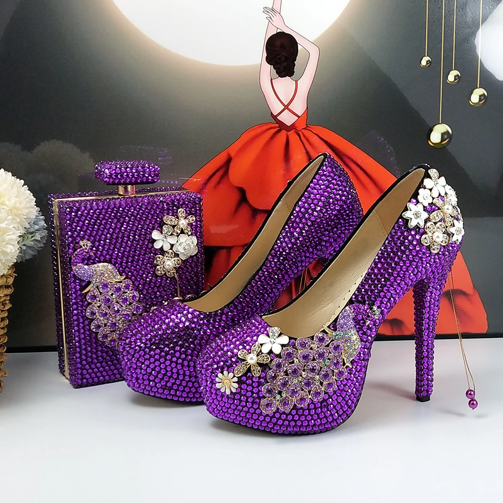 Purple Crystal Bridal Wedding shoes and bag Woman Thin Heel High Pumps Party Evening shoes Shallow Platform shoes