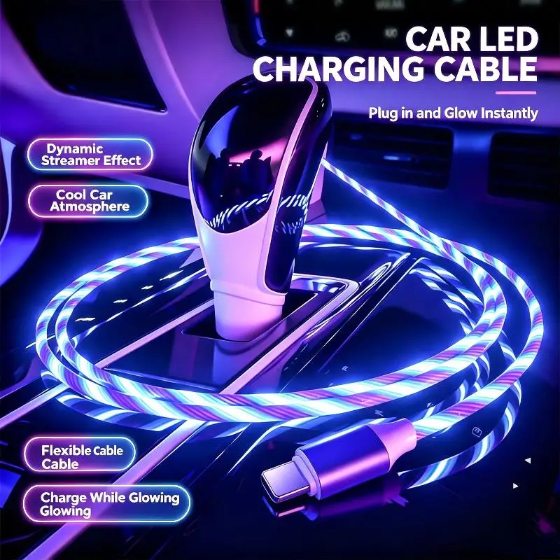 LED Flowing Light USB Fast Charging Cable Cool Glow Effect For Car Interior Daily Phone Charging