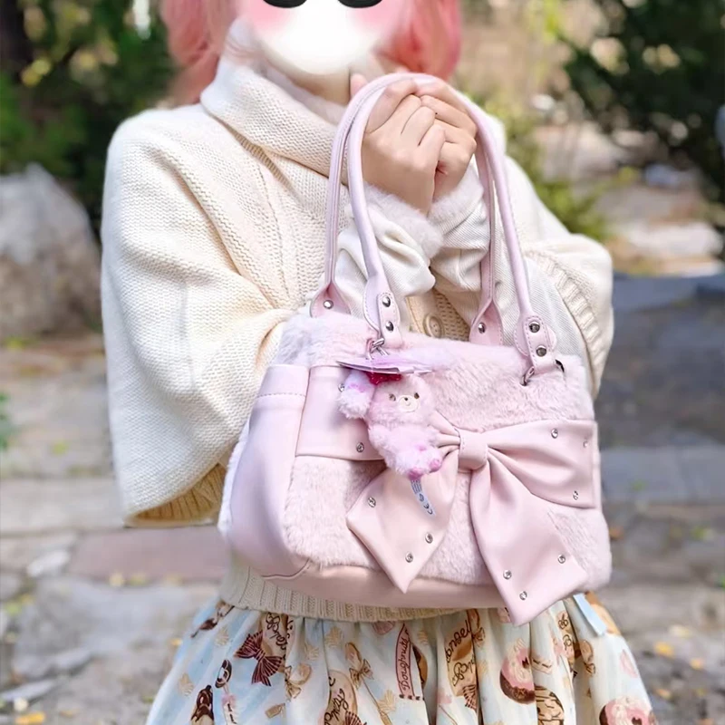 Retro Autumn Winter Plush Bow Pink Sweet Handbag Exquisite Rhinestone Decor Elegant Shoulder Bag Cute Versatile Soft Tote Bags