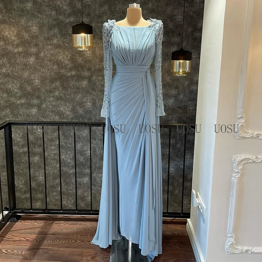 Elegant Wedding Dress Light Sky Blue Chiffon Mother of the Bride Dress Long Sleeves Beaded Split Celebrity Guest Gowns for Women