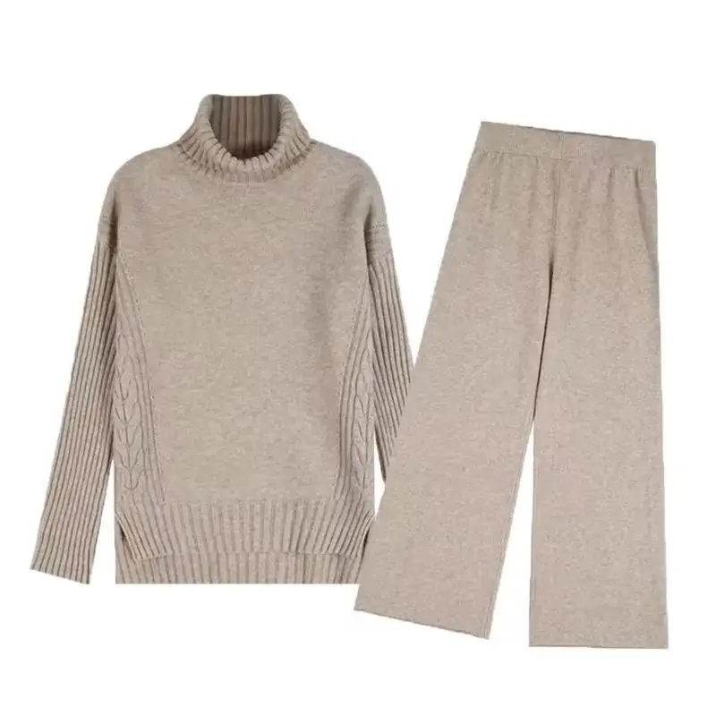 Women Winter Sweater Sets Solid Twist Jacquard Loose Pullover Top + Rolled-up Wide-leg Pants Suits Knit Trousers 2 Piece Sets