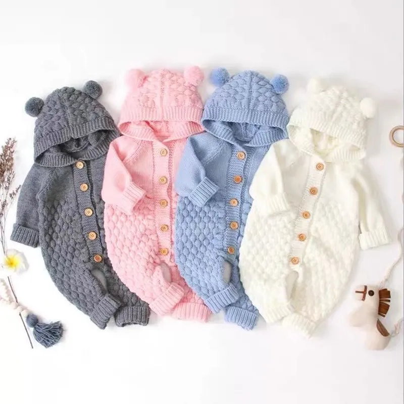 

Adorable Knitted Hooded Baby Onesies with Cute Bear Ear Accents Available in a Variety of Delightful Colors