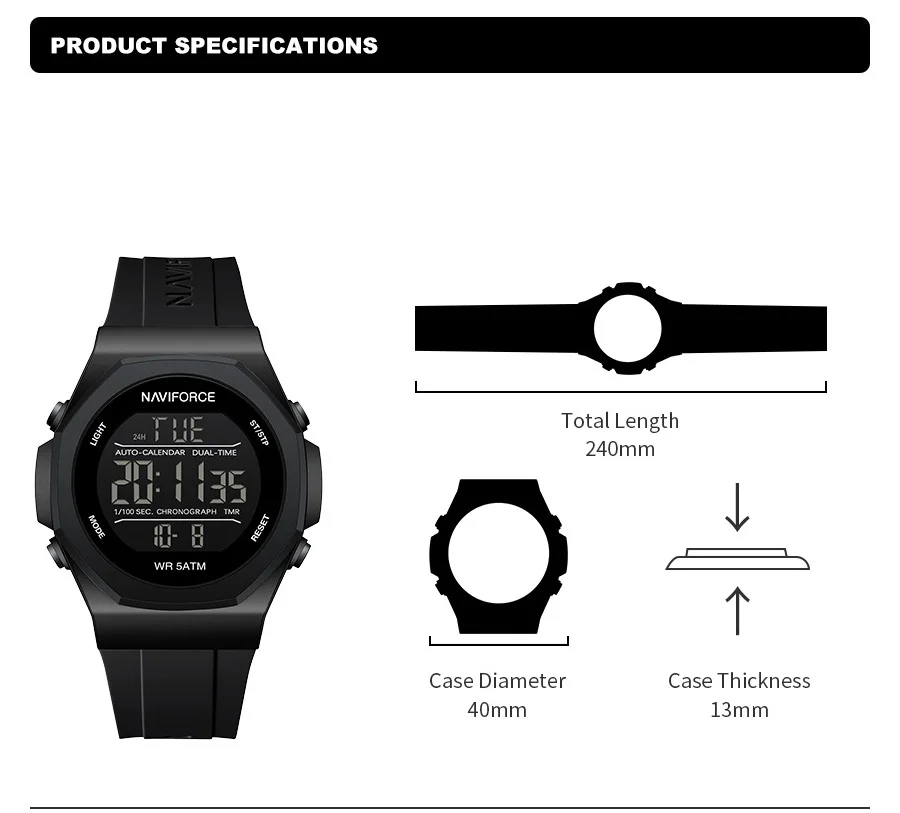 NAVIFORCE رجل ساعة رقمية عادية الرياضة الرجال الساعات الغاز المرحلة سيليكون حزام مقاوم للماء توقيت شاشة الكريستال السائل ساعة يد رجالي #5