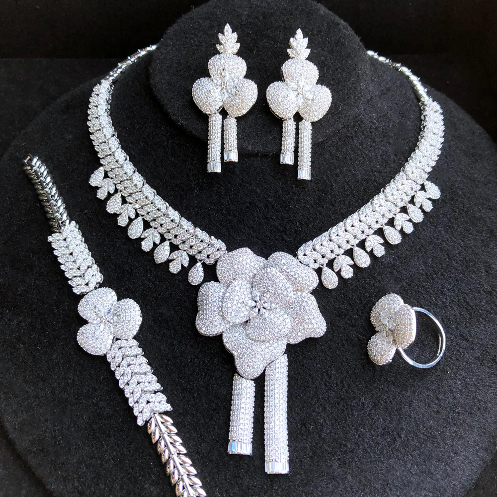 

Brand Luxury Shiny 4PCS Flowers Necklace Bracelet Earrings Ring Jewelry Set for Women Brides Wedding Jewellery High Quality