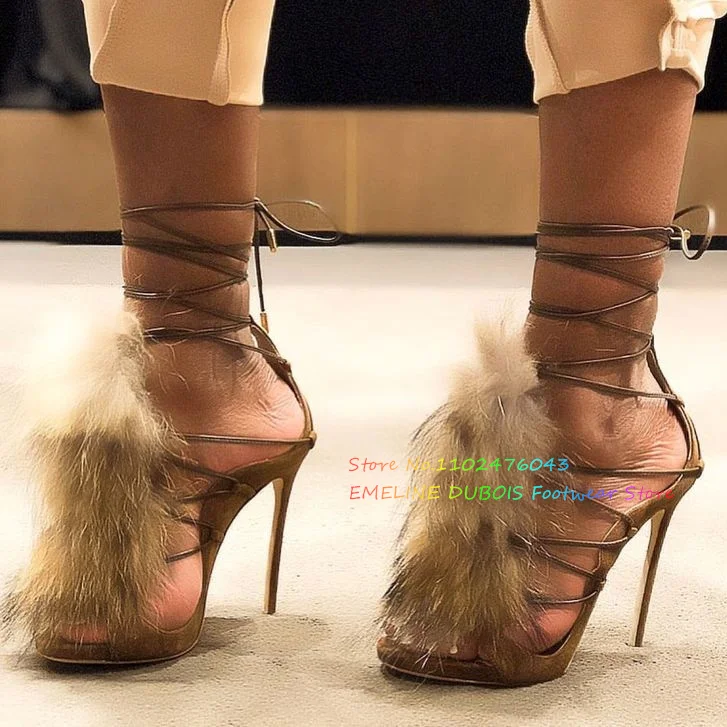 Fur Decor High Heel Ankle Boot Women Sexy Peep Toe Suede Stiletto Heel Lace Up Elegant Party Dress Sandals Ladies Summer Shoes