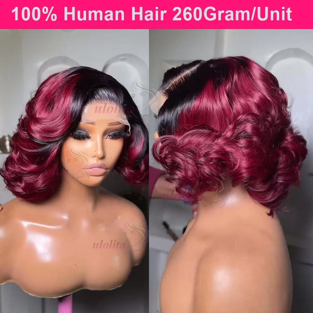 

Bouncy loose Curly T1B/99J Burgundy Two Tone ombreColour Glueless Lace Frontal Wig Human Hair Ready To Go Curly 4X4 HD Lace Wigs