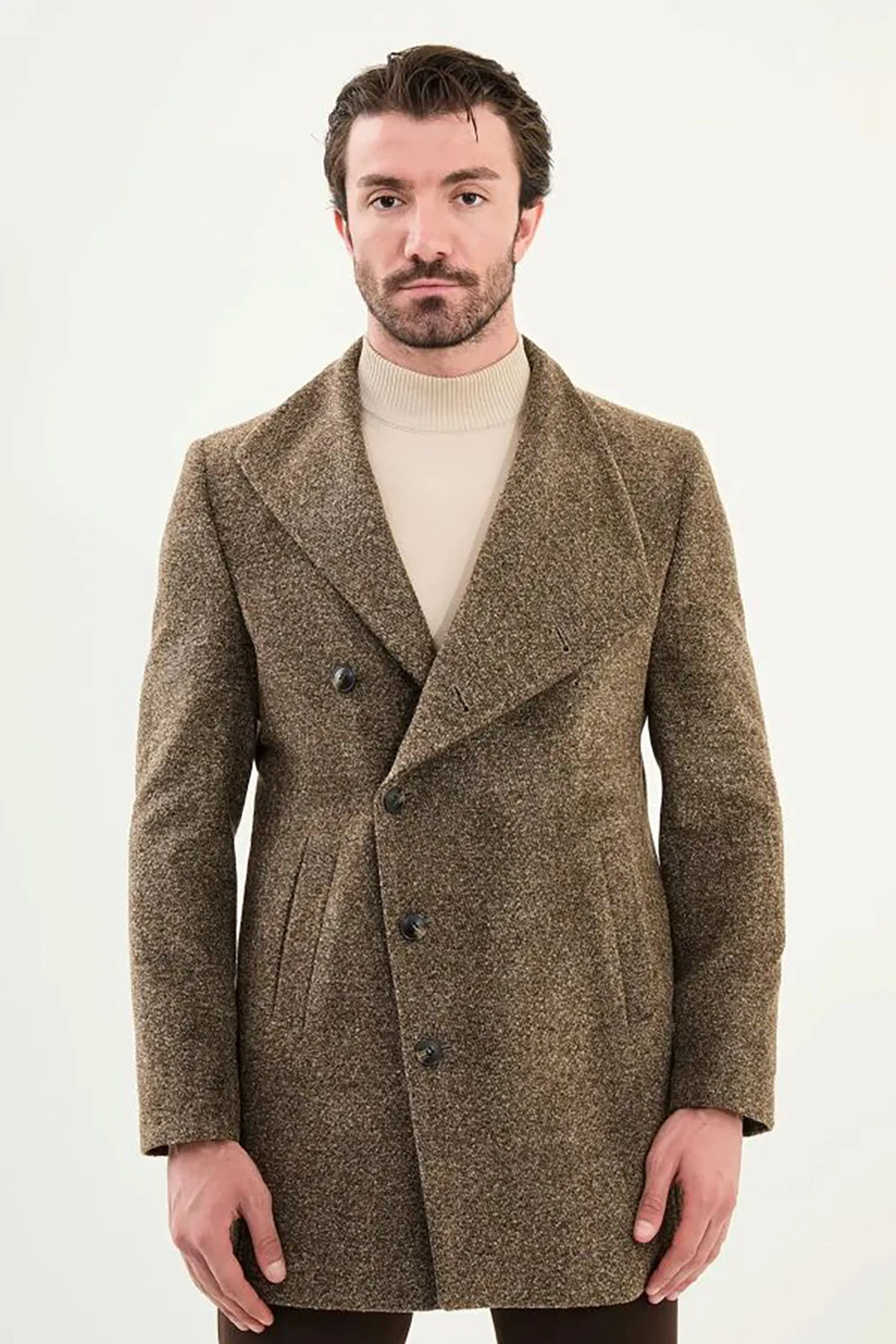 Modern Woolen Long Coat For Men Peaked Lapel Double Breasted Overcoat Slim Fit Business Blazer Only Jacket Custom Made