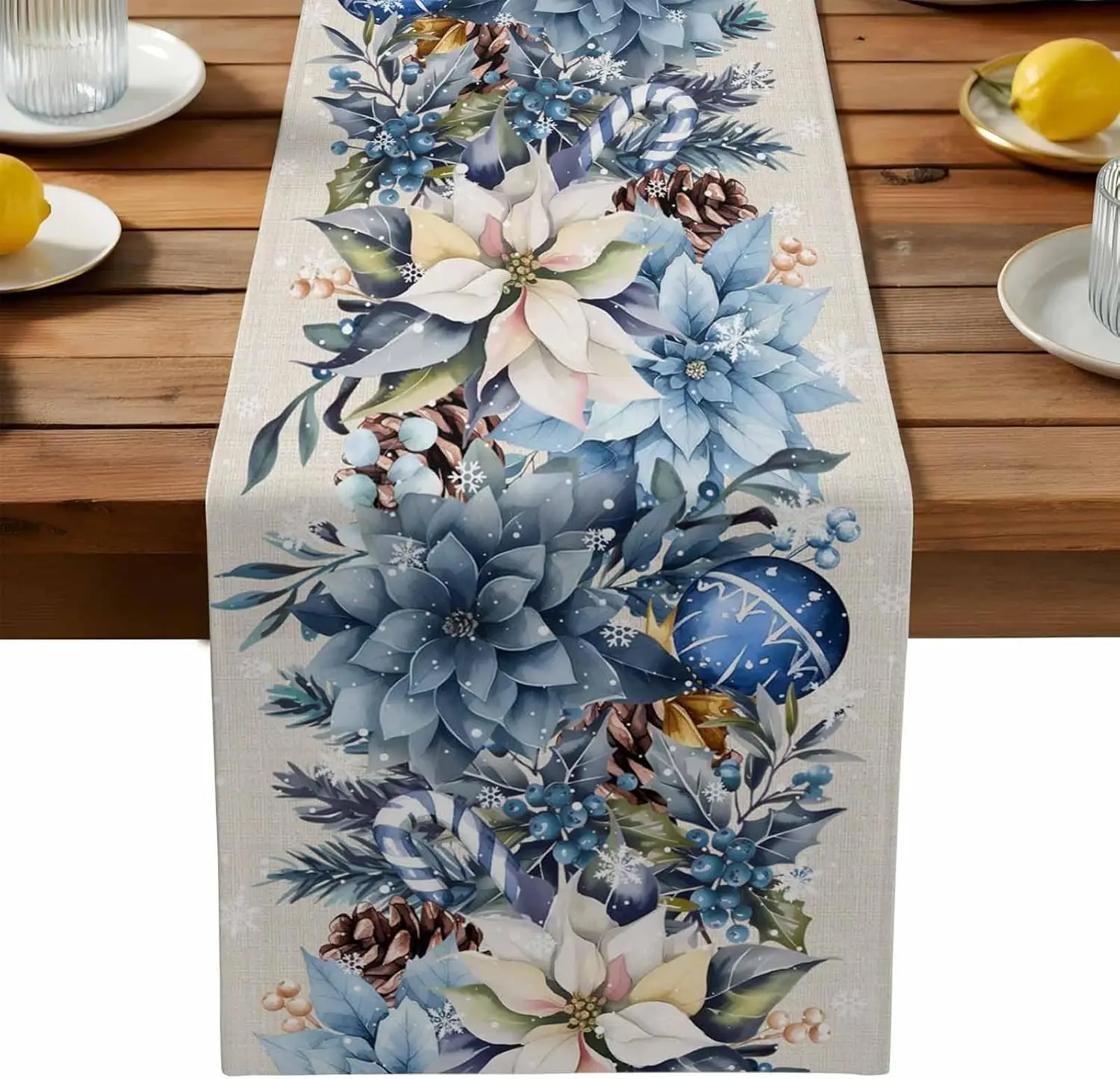 

Christmas Blue Poinsettia Ball Berry Linen Table Runner Party Decor Winter Xmas Kitchen Dining Table Runner Christmas Decoration
