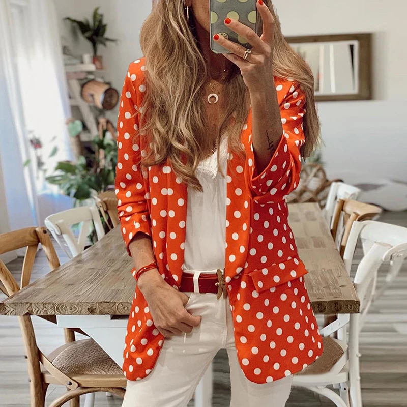 

New Autumn Polka Dot Printed Long Sleeved Jackets Office Lady Lapel Slim Cardigan Fashion Temperament High Street Blazer Coats