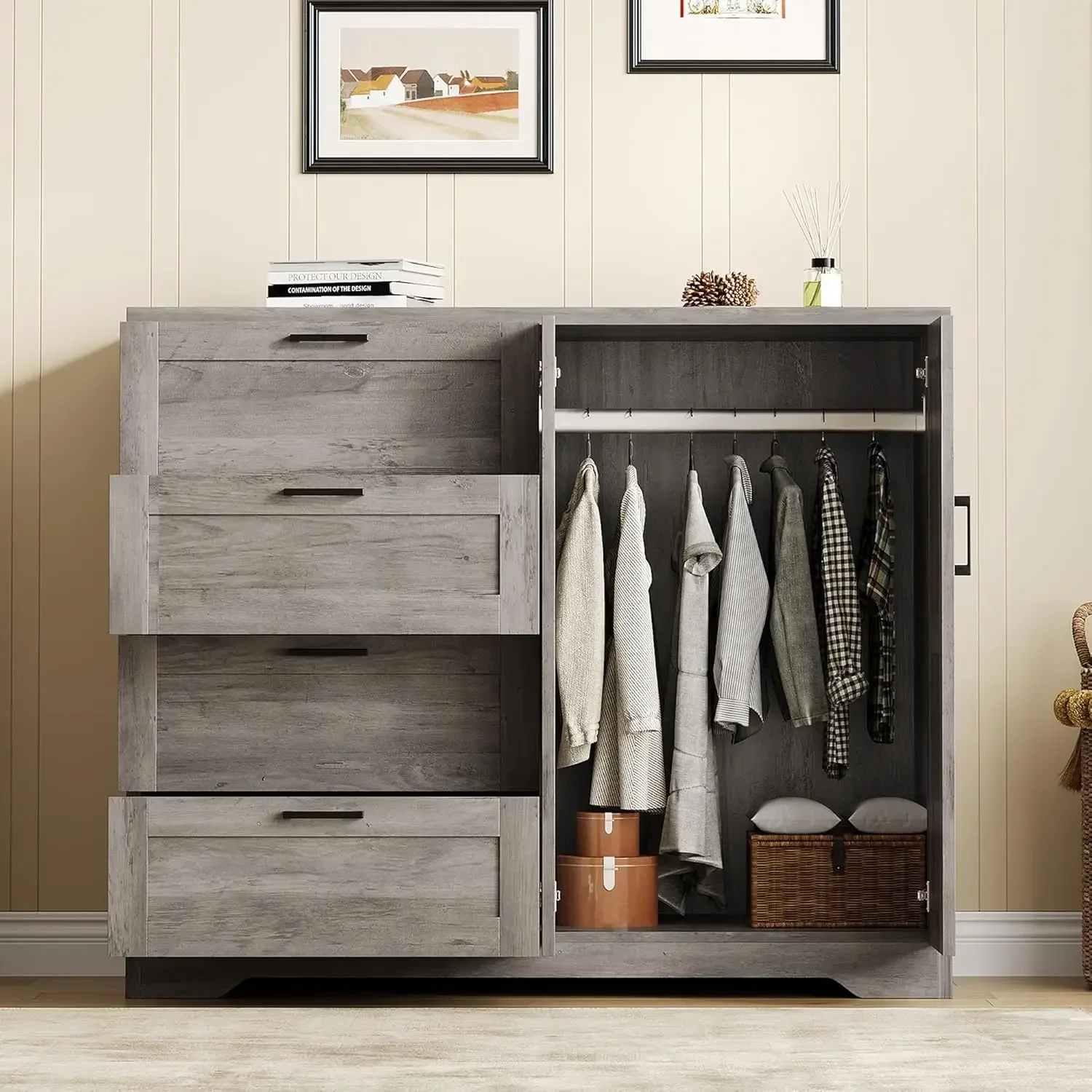 43.3'' H Armoire Wardrobe Closet with 4 Drawers and 2 Doors, Hanging Rod, Multifunctional Wooden Dresser with Storage Closet, Ba