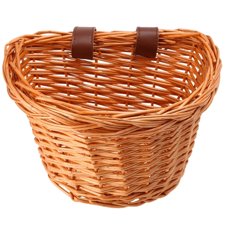 Wicker Bike Basket Children Bicycle Front Handlebar Mount Basket Hand-Woven Rattan Storage Basket ,S