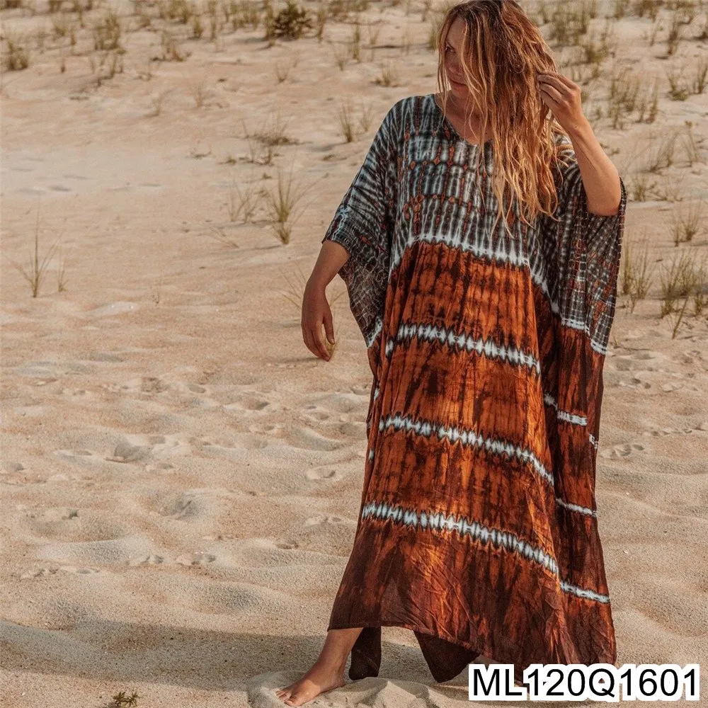 2025 ใหม่ผ้าฝ้ายเบาะ Tie-ย้อมพิมพ์ Beach Smock, วันหยุดหลวมชุดยาว, ชุดว่ายน้ํา, Smock Dress, ฤดูร้อน ML120Q16