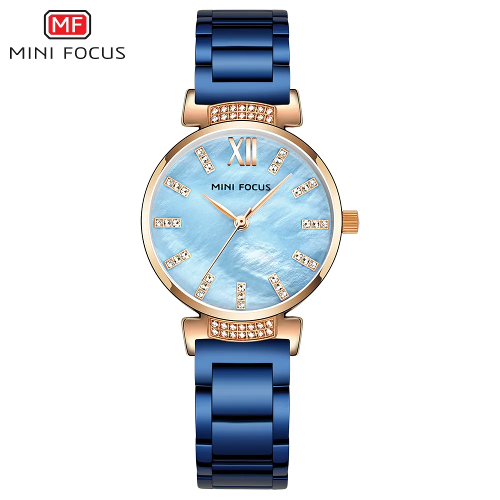 MINI FOCUS-reloj de cuarzo para mujer, pulsera de acero inoxidable con diamantes, elegante, a la moda, color azul, 0227