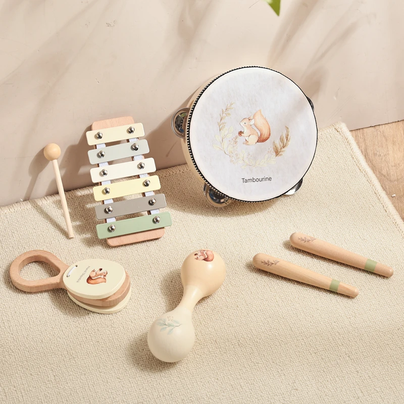 1Set Baby Houten Muzikaal Speelgoed Multifunctionele Pasgeboren Muziek Verlichting Speelgoed Montessori Leuke Eekhoorn Patroon Instrument Gift