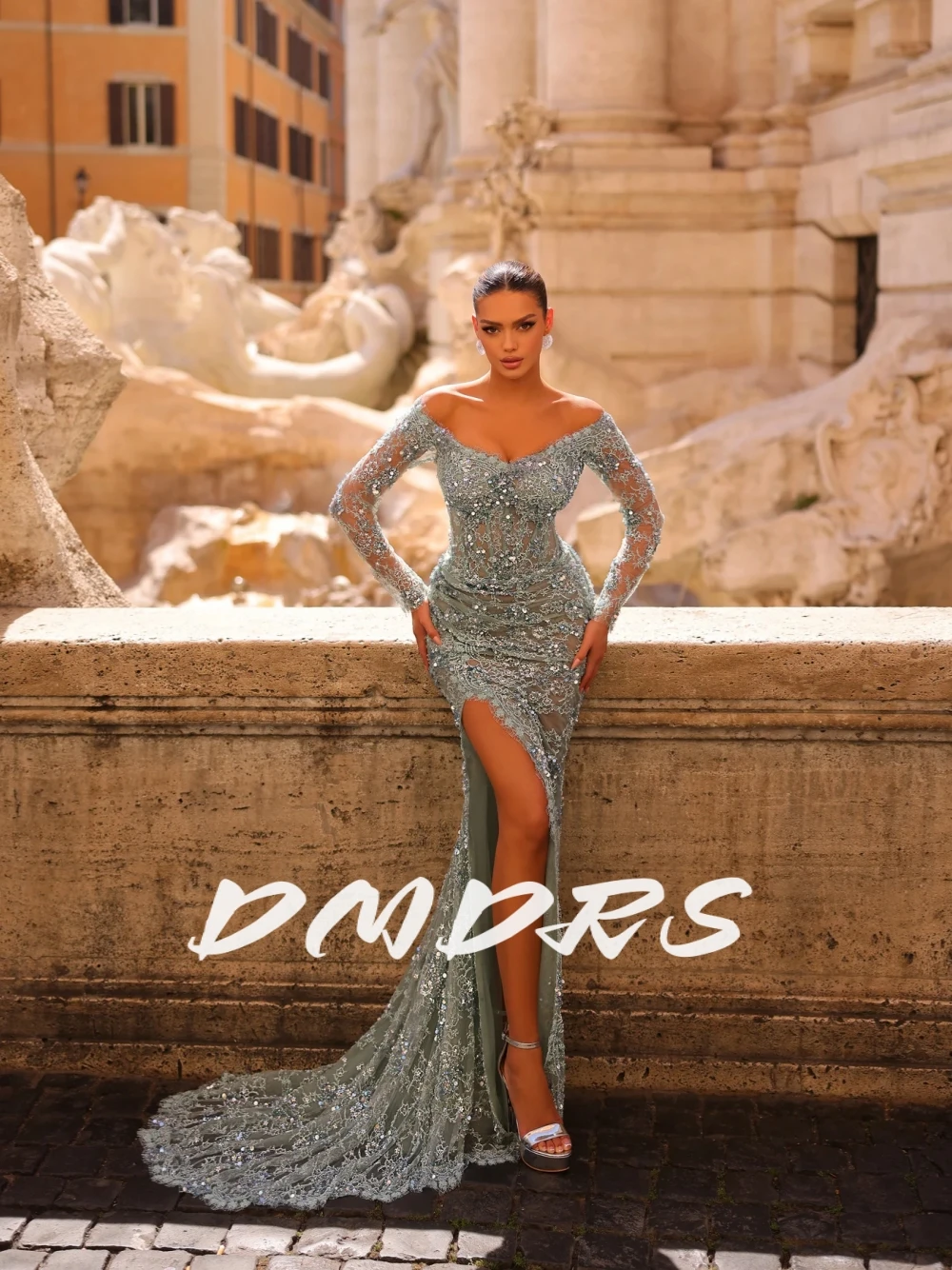 

Lace Off-the-shoulder Stunning Evening Dress Glitter Floor-length Customized Prom Gown Elegant Corset Party Wear With High Slit