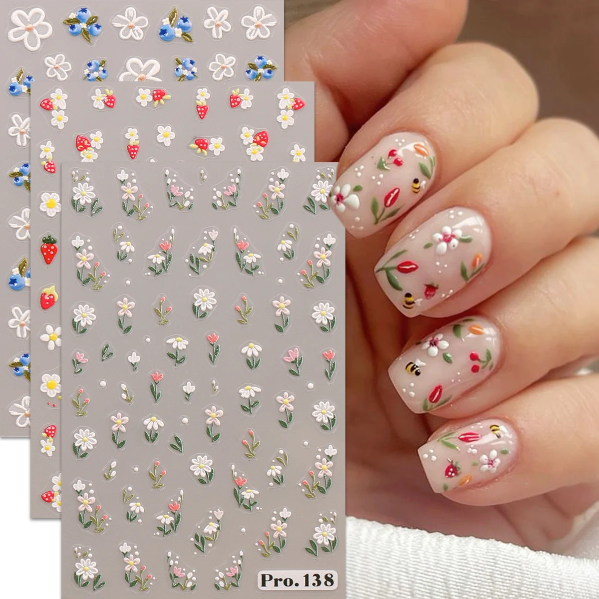 3pcs small flower and fruit exquisite embossed nail art stickers, easy to apply for nail decoration, DIY, gifts, party makeup