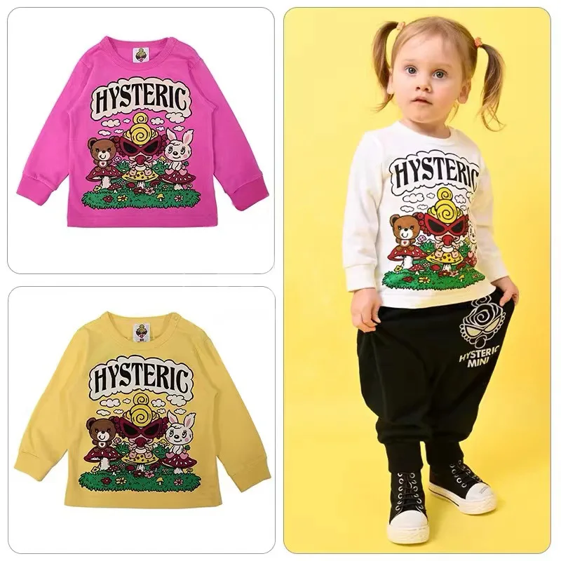 Boys Clothes 2024 Autumn and Winter Trendy Brand Black Super Mushroom Rabbit Pattern Cotton Girls Long-sleeved Base Shirt