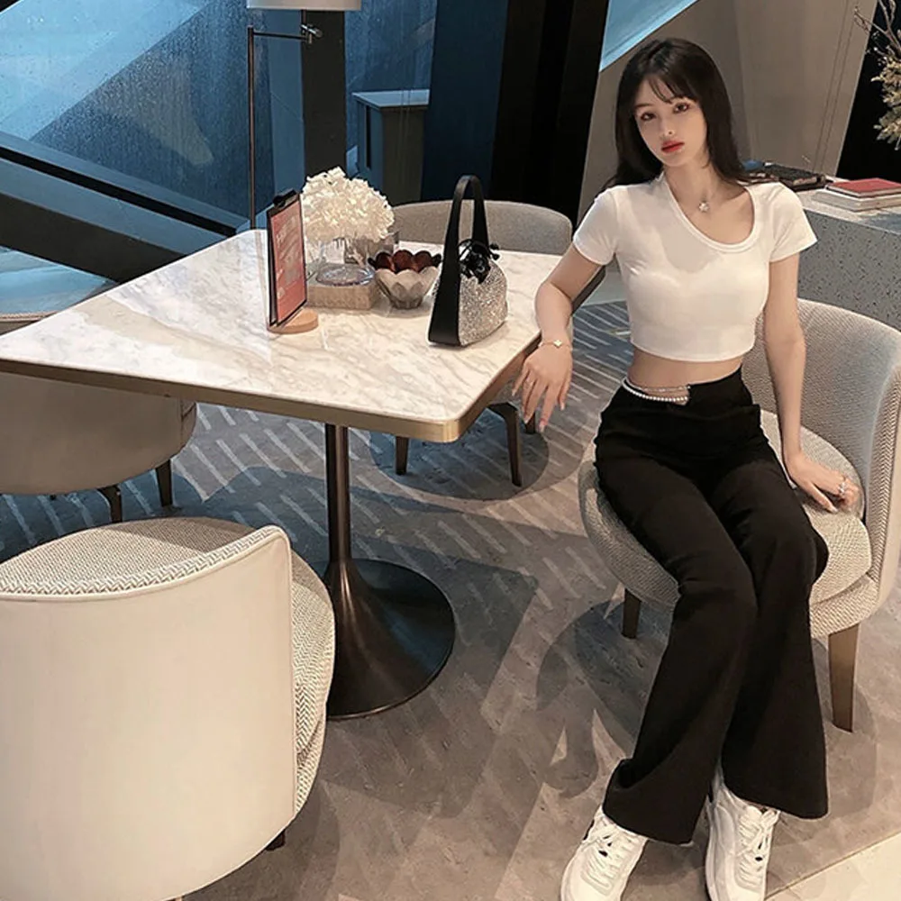 Sexy Black Suit Pants Women High Waist Pearl Rhinestone Chain Hollow Slim Long Wide Leg Pants Ladies Irregular Straight Trousers