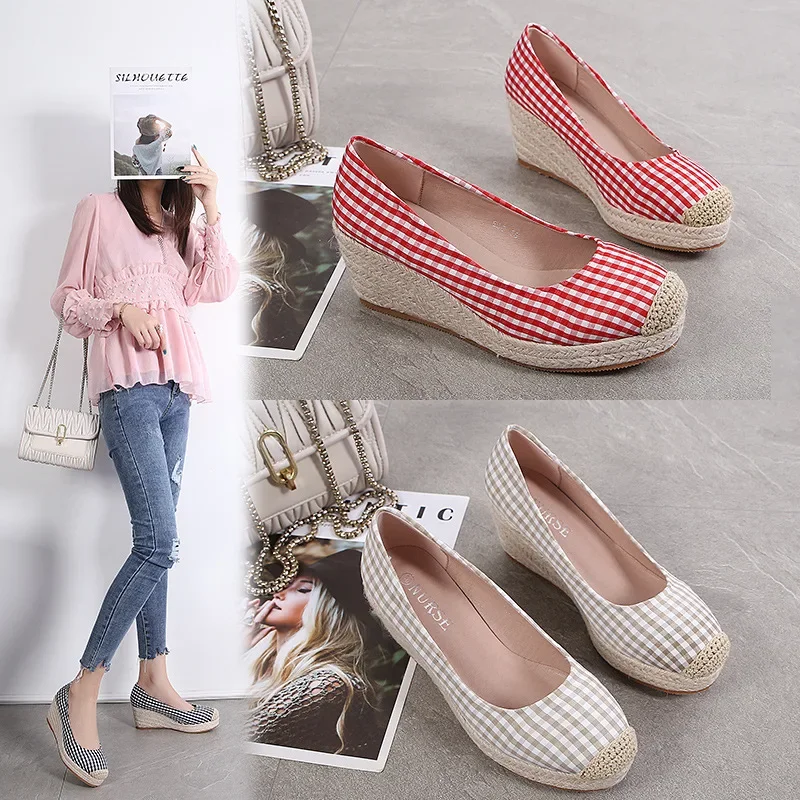 2024 Fashion Wedges Heels Shoes Women Spring Summer Cloth Women Shoes Plaid Ladies High Heel 7cm A4247