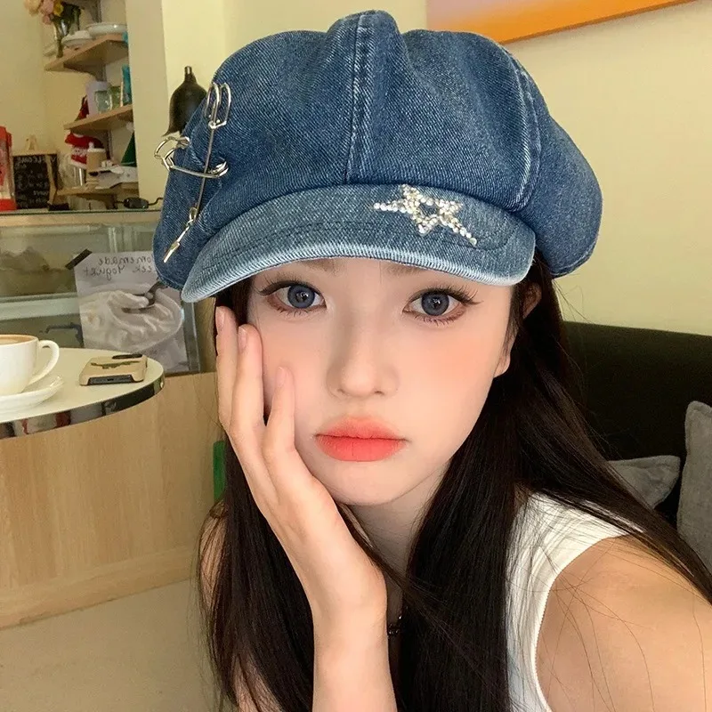 Star Pin Denim Beret Hat Spring and Summer Y2K Big Head Flash Diamond Women's Niche Trend Retro Octagonal Short Brim Newsboy Cap