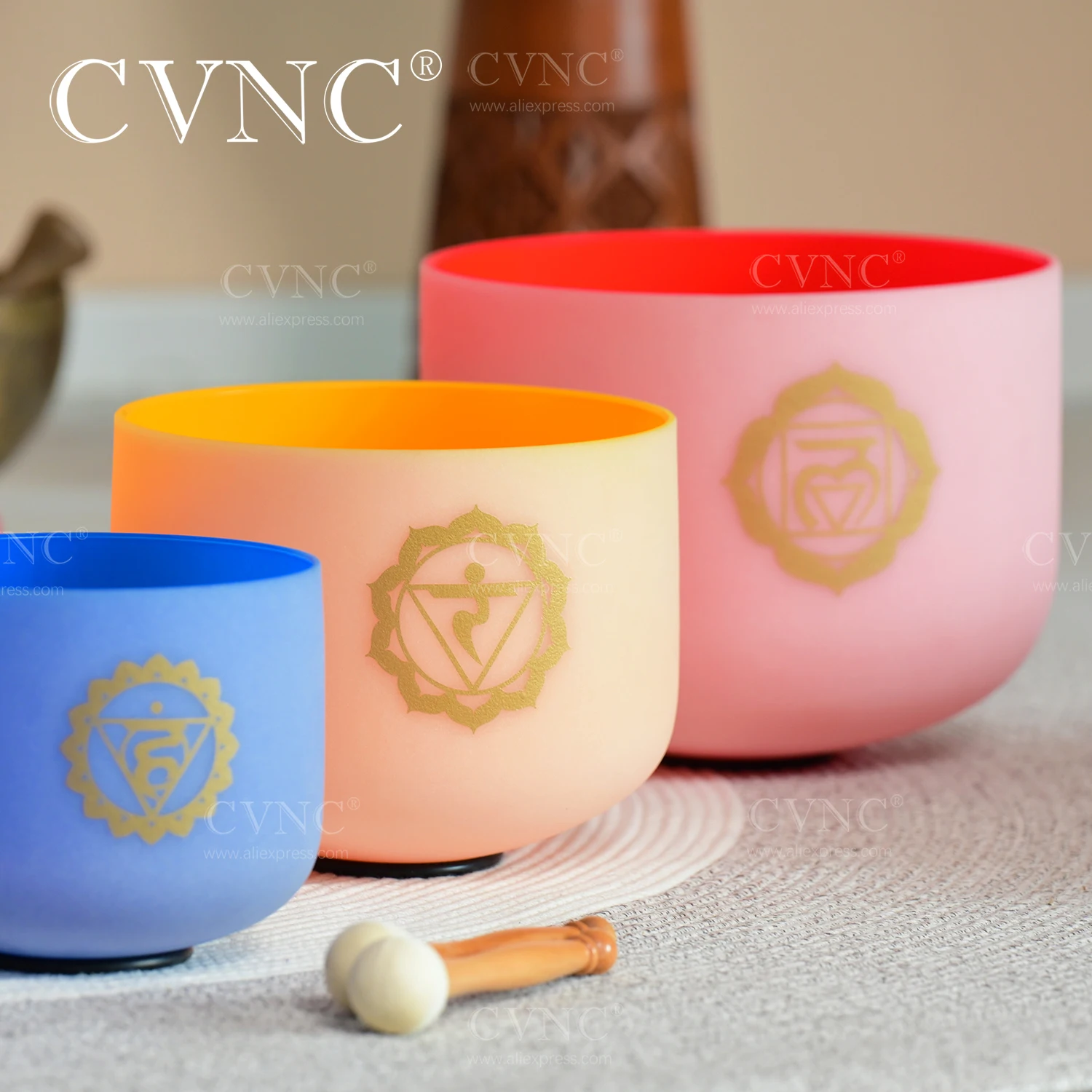 CVNC 6-12 Inch Color & Chakra Design Frosted Quartz Crystal Singing Bowl 7pcs CDEFGAB Note for Sound Healing with Free Bags