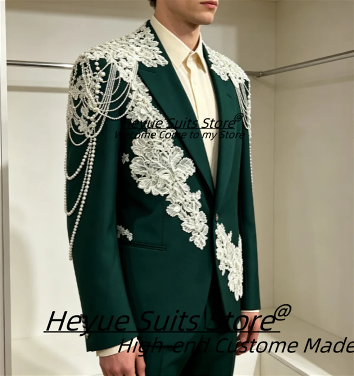 High-end Dark Green Formal Men Suits Customized Slim Peak Lapel Groom Wedding Tuxedos 2 Pcs Sets Male Party Blazers Ropa Hombre