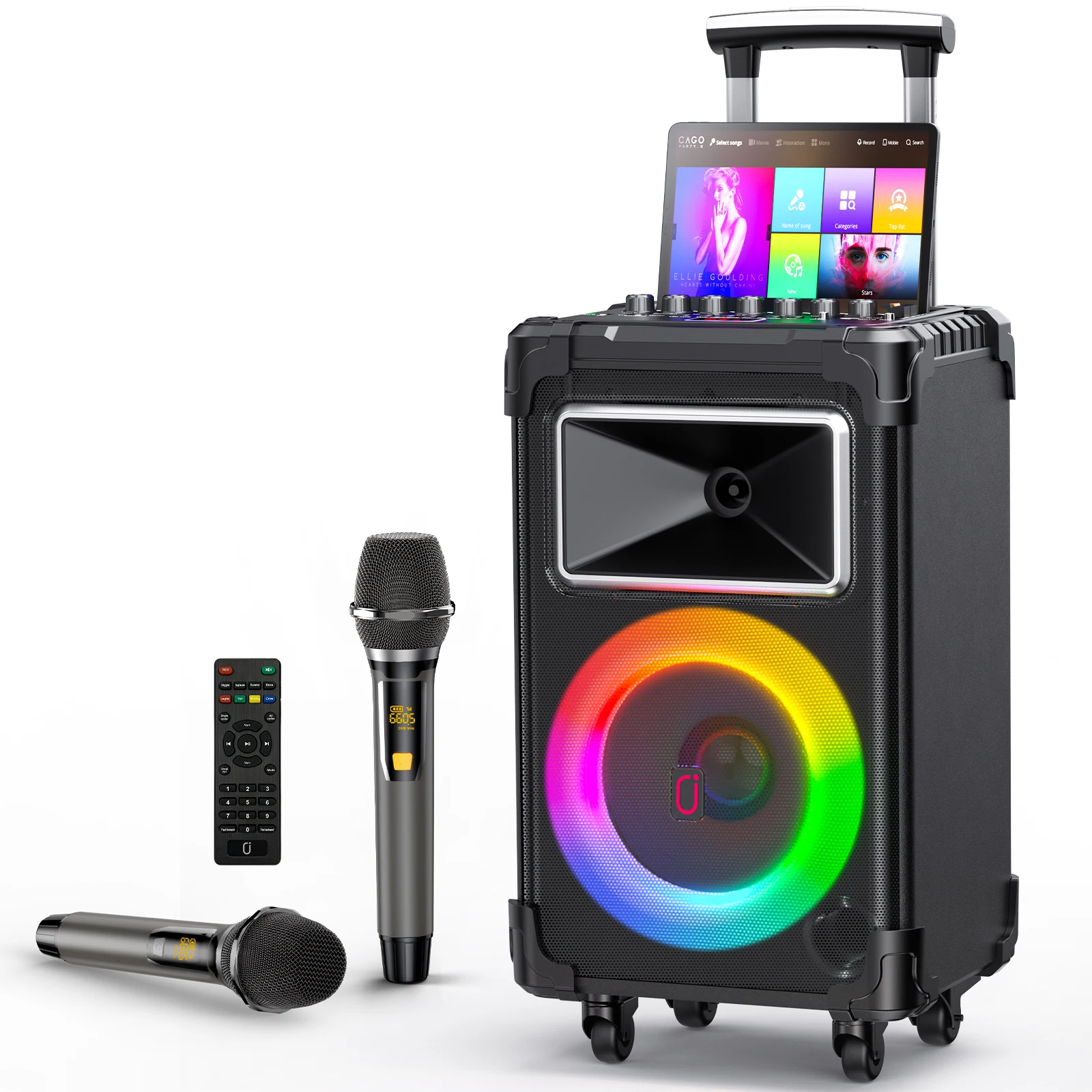 

Karaoke Machine with 2 Wireless Microphones, 11000mAh Portable Speaker Set Bluetooth 5.0 Rechargeable PA System with TWS,FM, REC