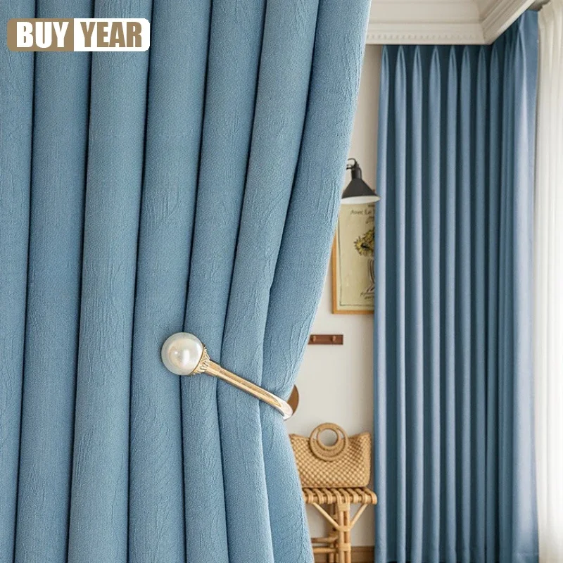 

Chenille Thickened Curtains For Living Dining Room Bedroom New Style Light Luxury Modern Simple High-end Blue Fresh Custom